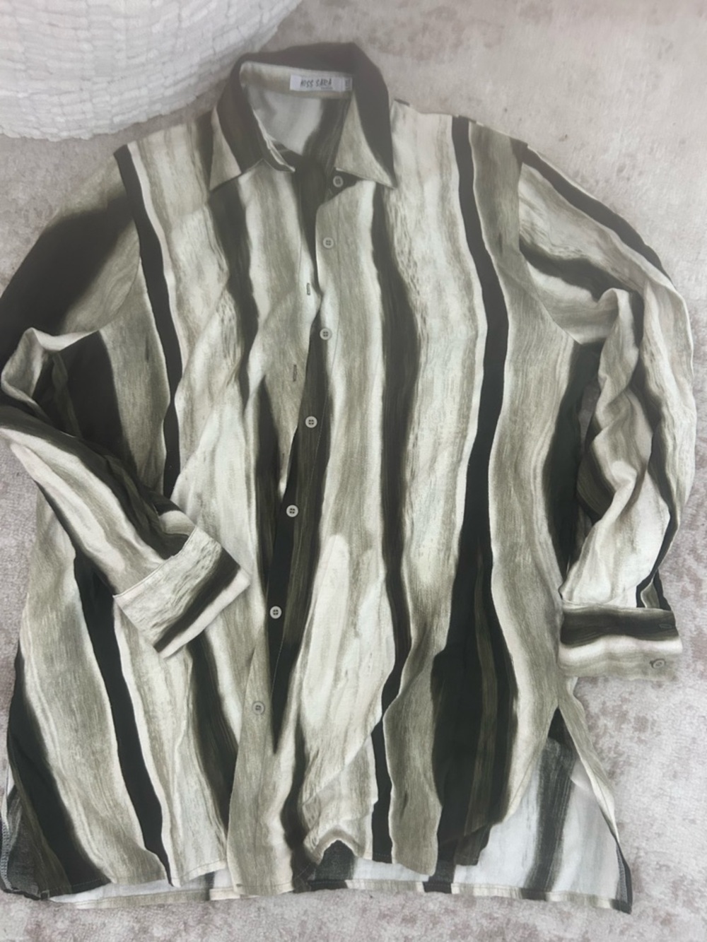 Oversized Long-Sleeve Button-Up Shirt in Olive & Cream Stripe